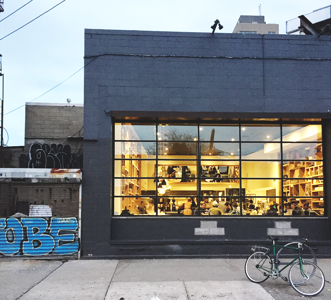 tobys estate coffee, williamsburg | front of coffee shop at dusk